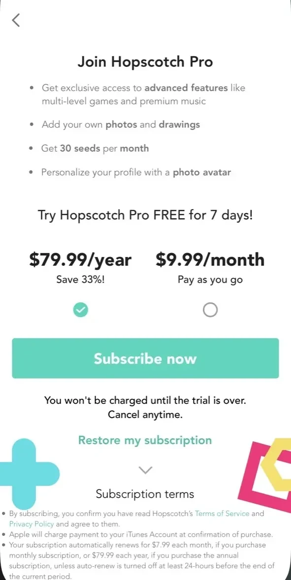 Hopscotch paywall screen