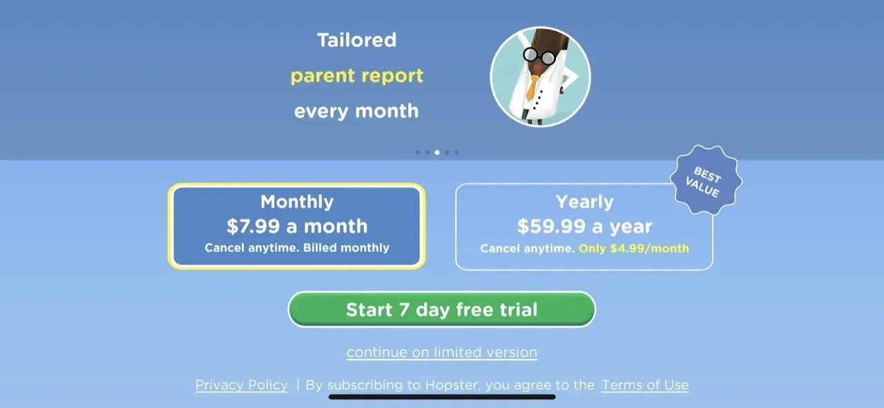 Hopster paywall screen