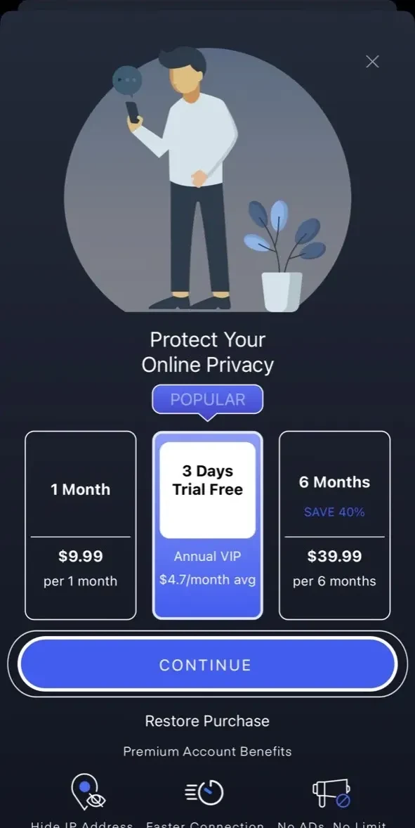 Hotspot VPN paywall screen