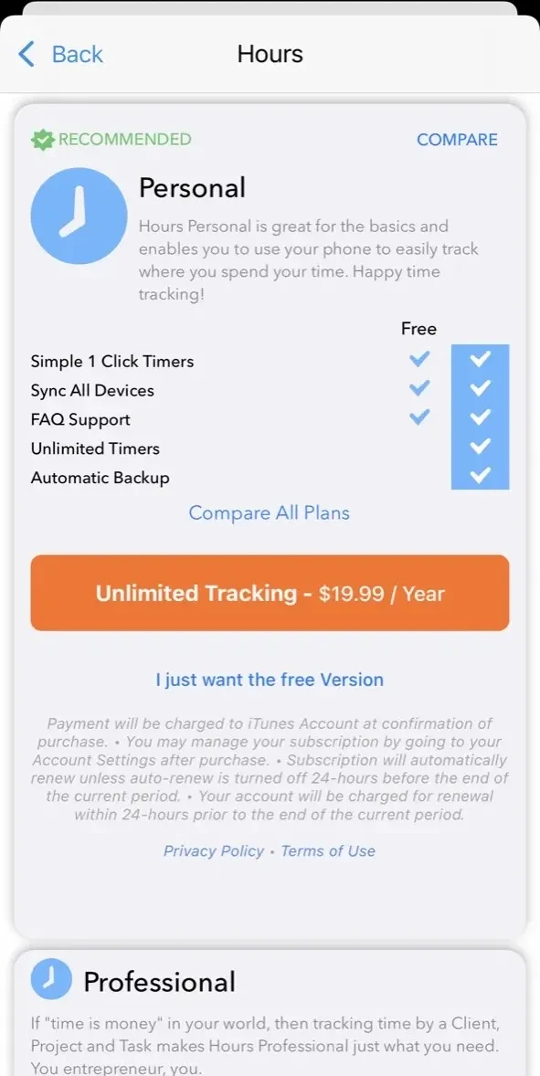 Hours Time Tracking paywall screen