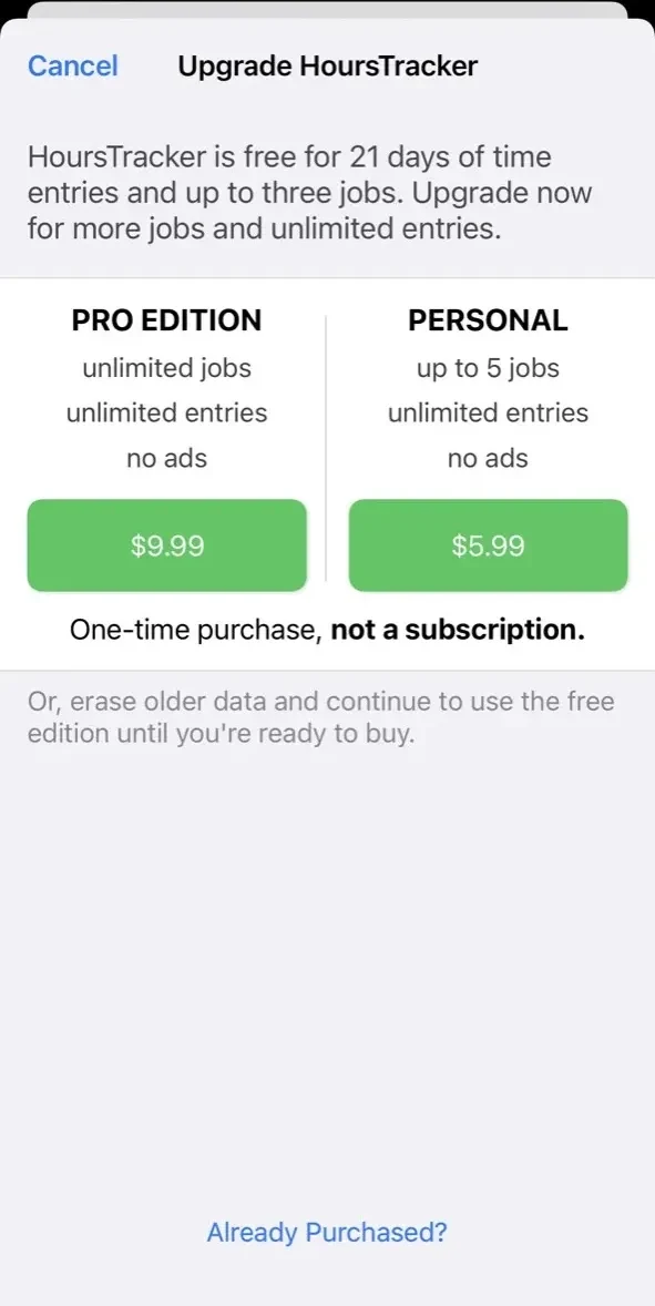 Hours Tracker paywall screen
