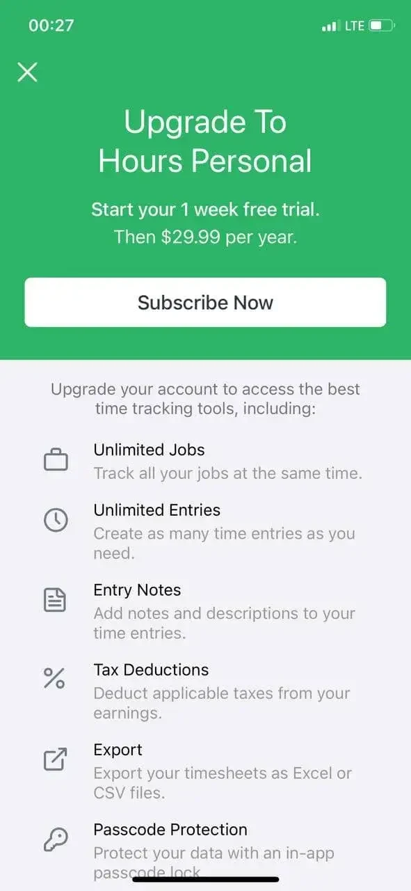 Hours paywall screen