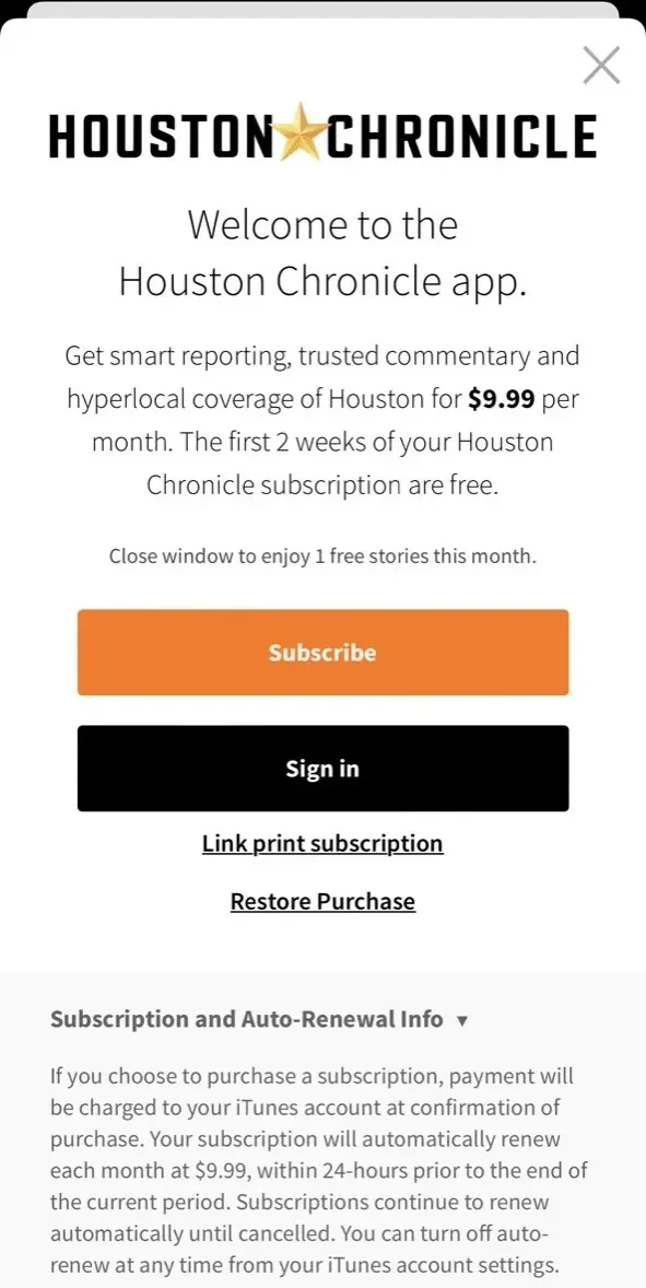 Houston Chronicle paywall screen