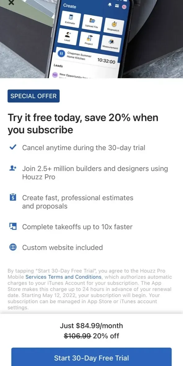 Houzz Pro paywall screen
