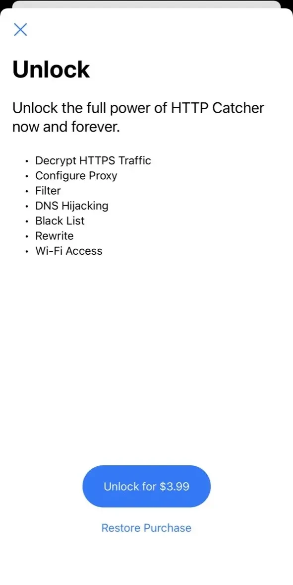 HTTP Catcher paywall screen