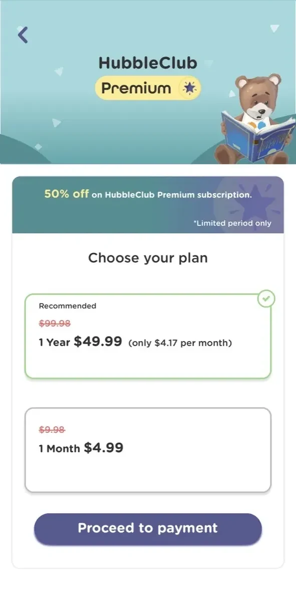 HubbleClub paywall screen