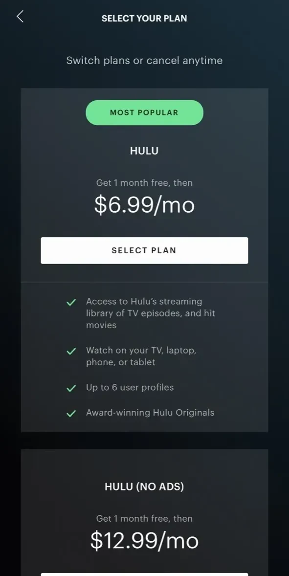 Hulu paywall screen
