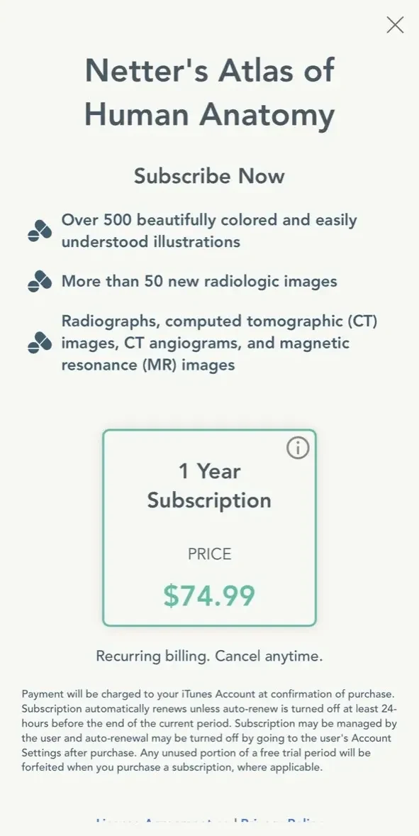 Human Anatomy Atlas paywall screen