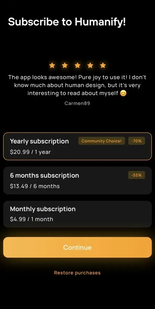 Humanify paywall screen