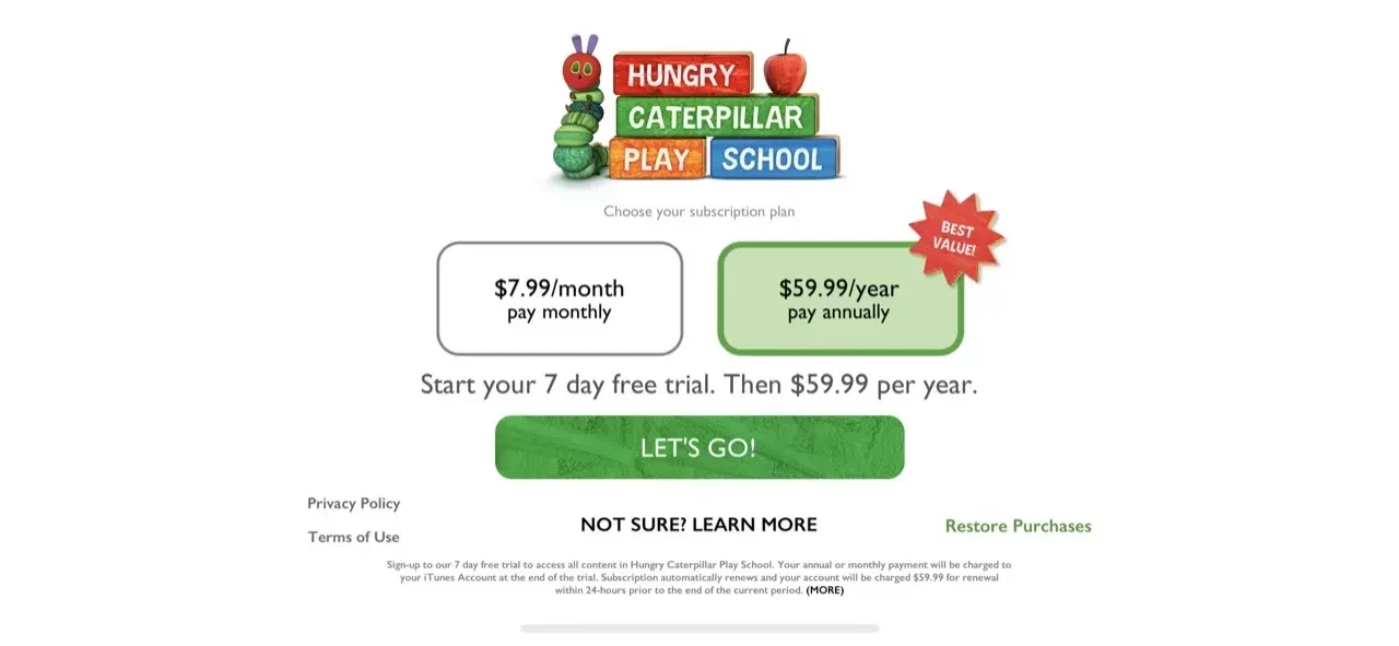Hungry Caterpillar Play School paywall screen