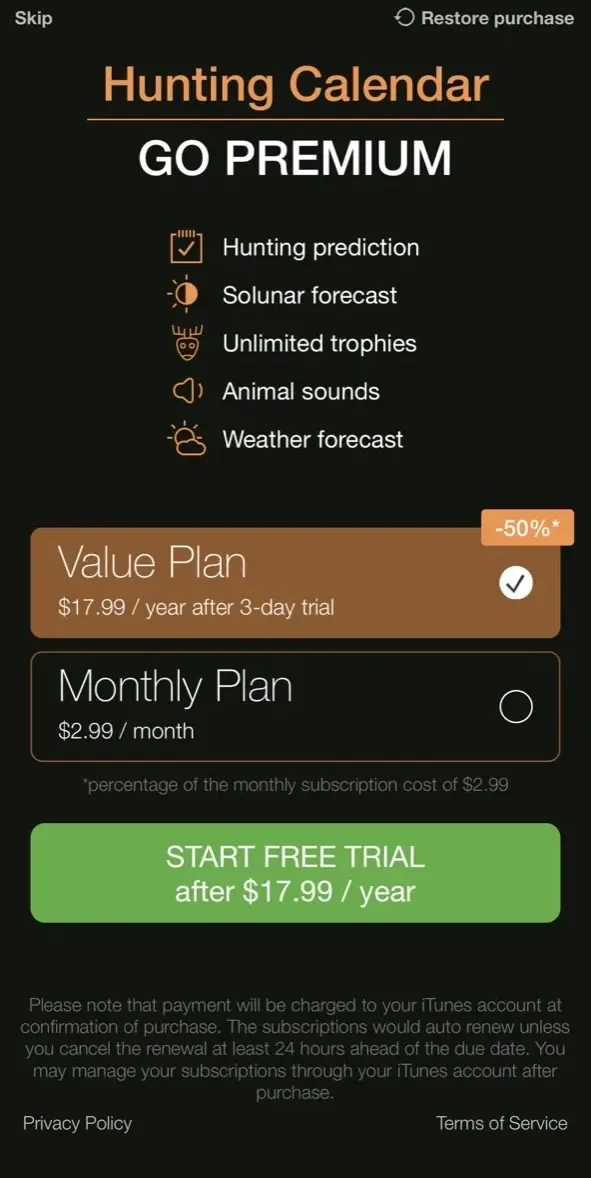 Hunting Calendar paywall screen