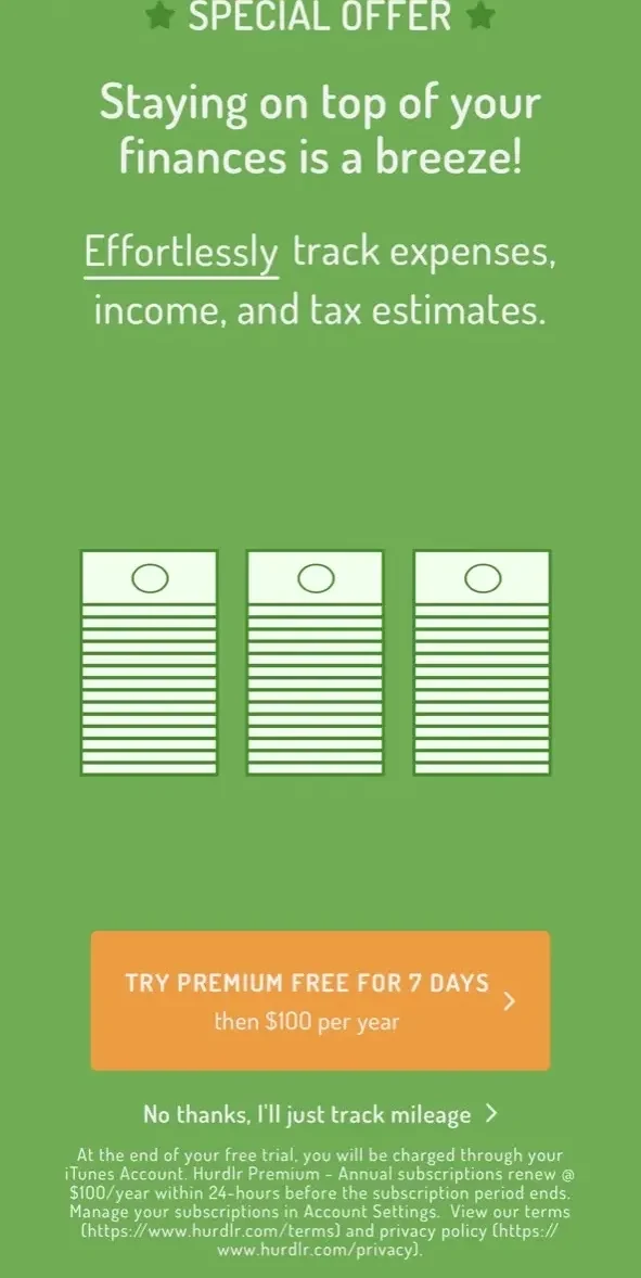 Hurdlr Mileage paywall screen