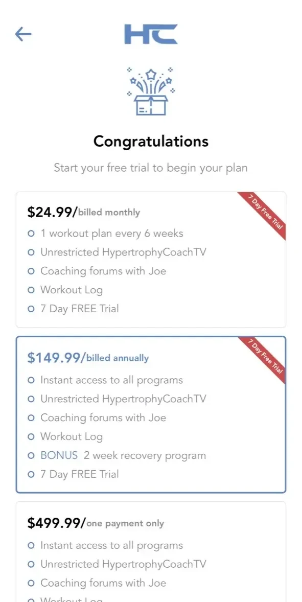 Hypertrophy Coach paywall screen