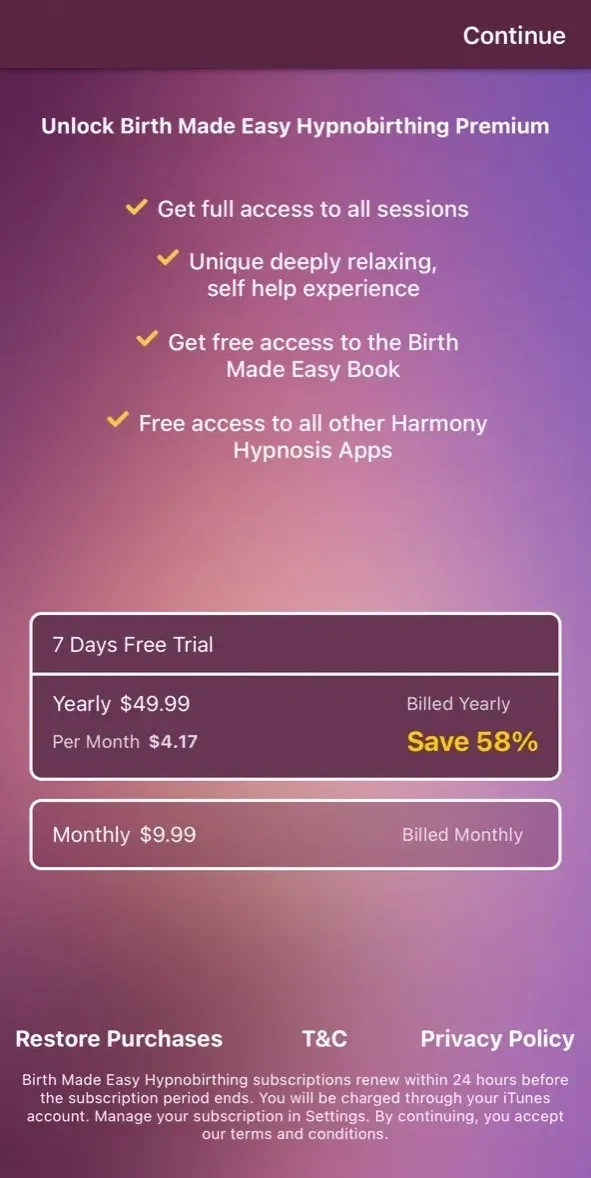Hypnobirthing paywall screen
