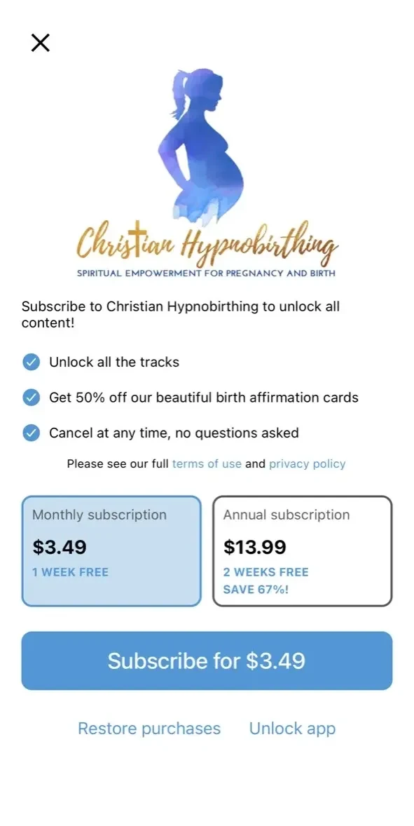 Christian Hypnobirthing paywall screen