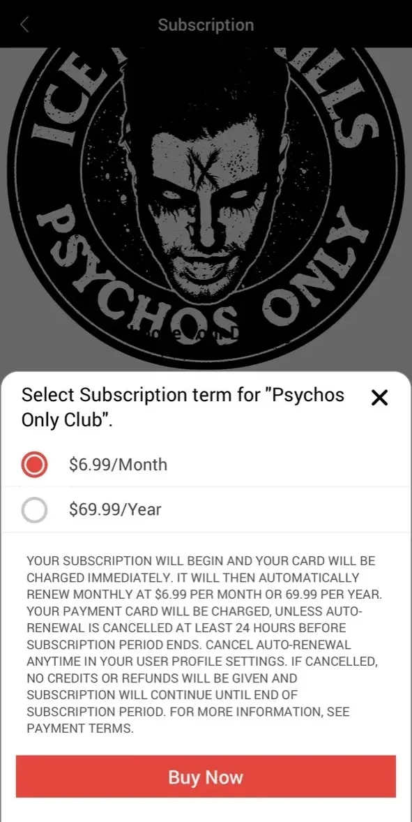 Ice Nine Kills paywall screen