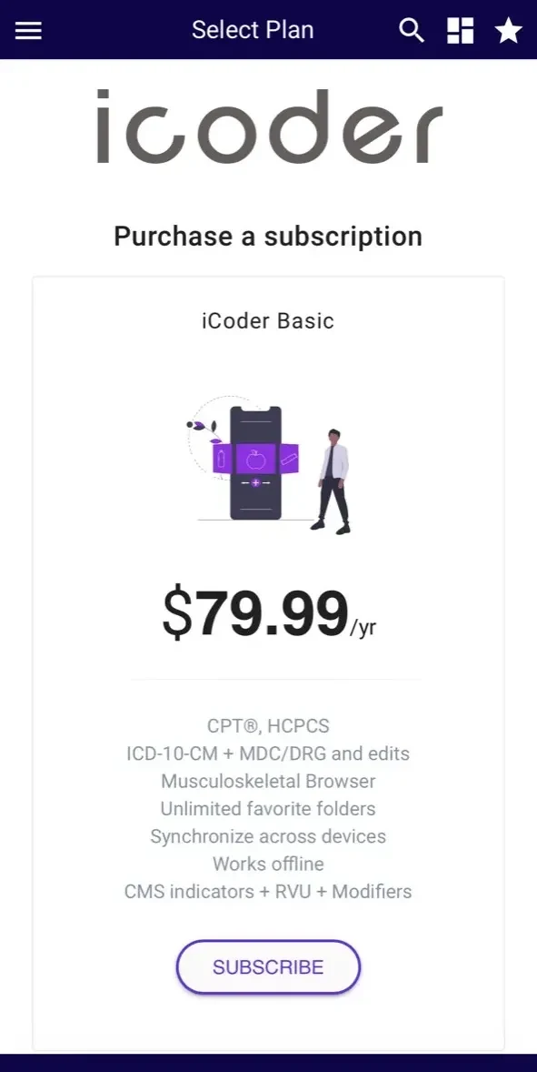 iCoder CPT RVU ICD10 HCPCS paywall screen