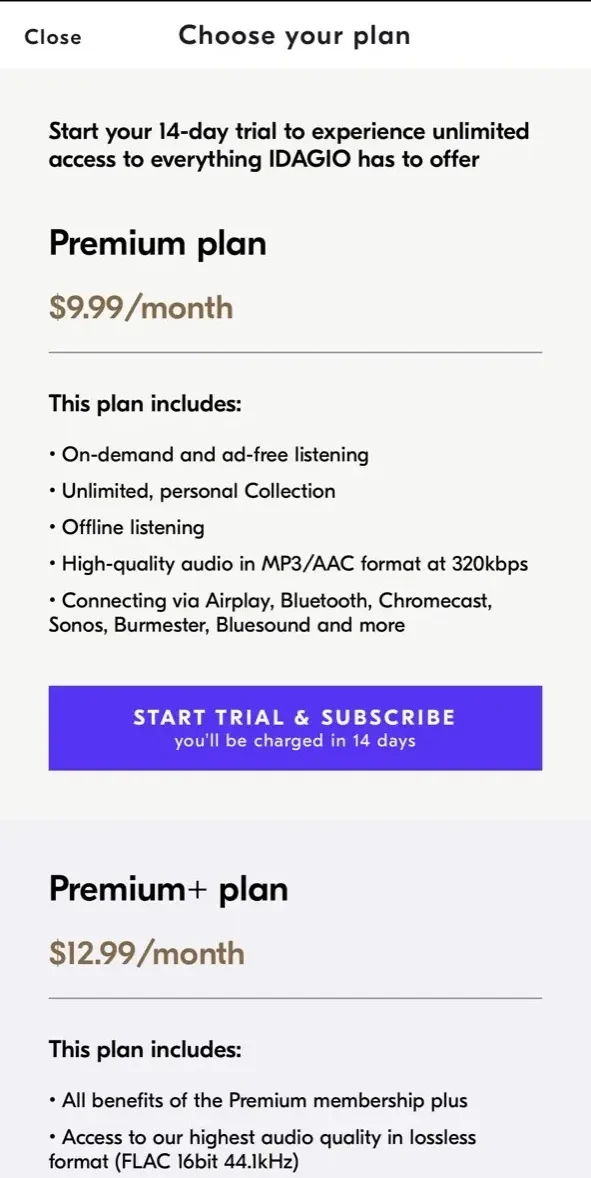 IDAGIO Stream Classical Music paywall screen