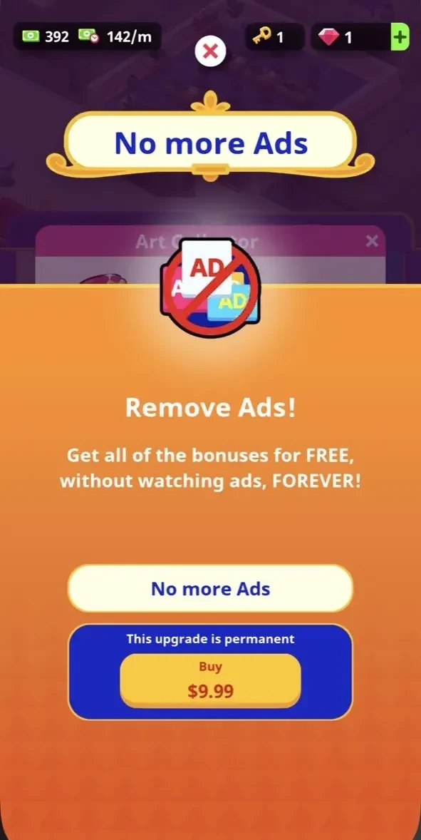 Idle Museum Tycoon paywall screen
