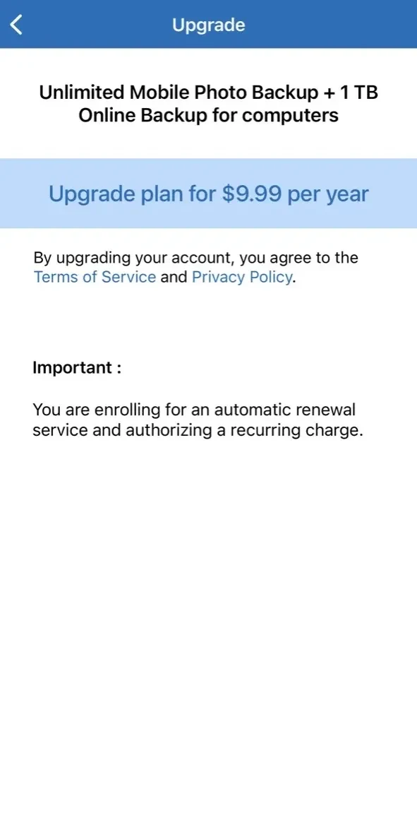 IDrive Photo Backup paywall screen