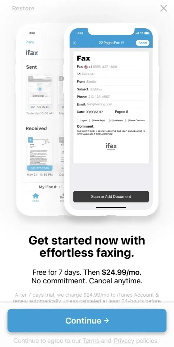 iFax App Send Fax From paywall screen
