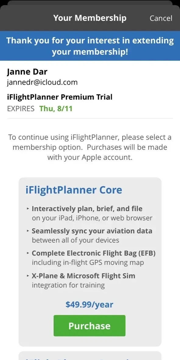 iFlightPlanner paywall screen