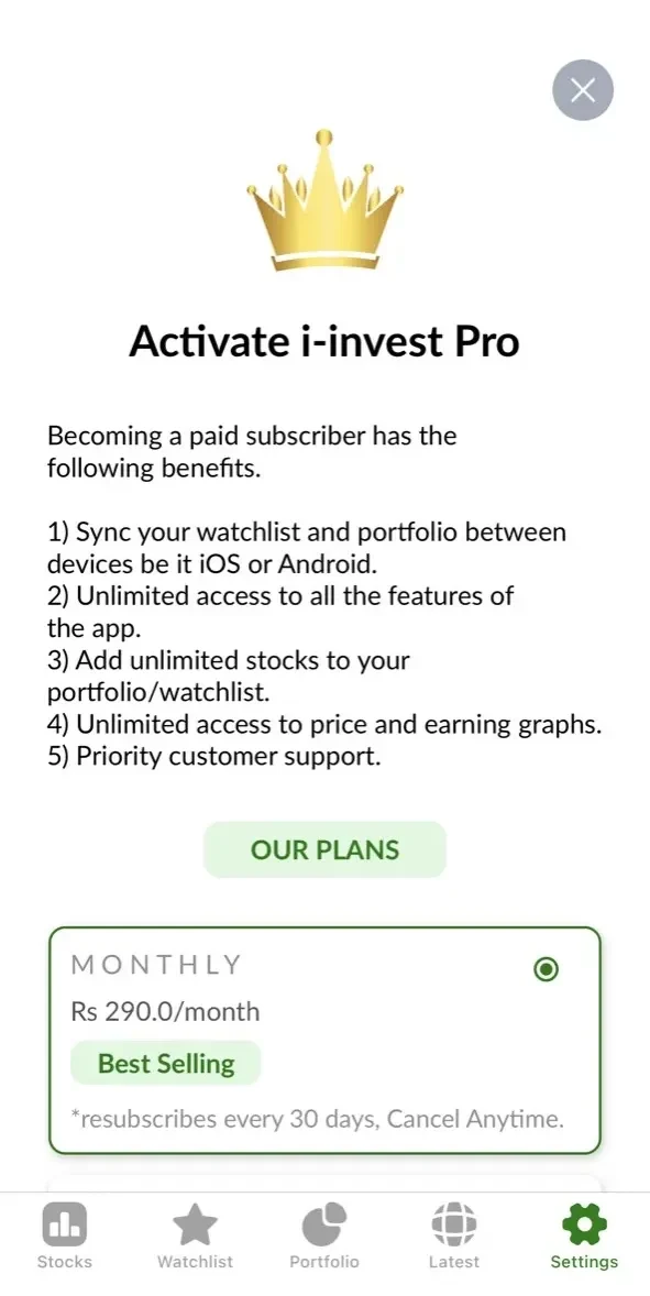 iInvest Pakistan Stocks paywall screen