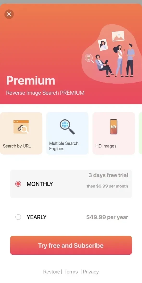 Image Recognition And Searcher paywall screen