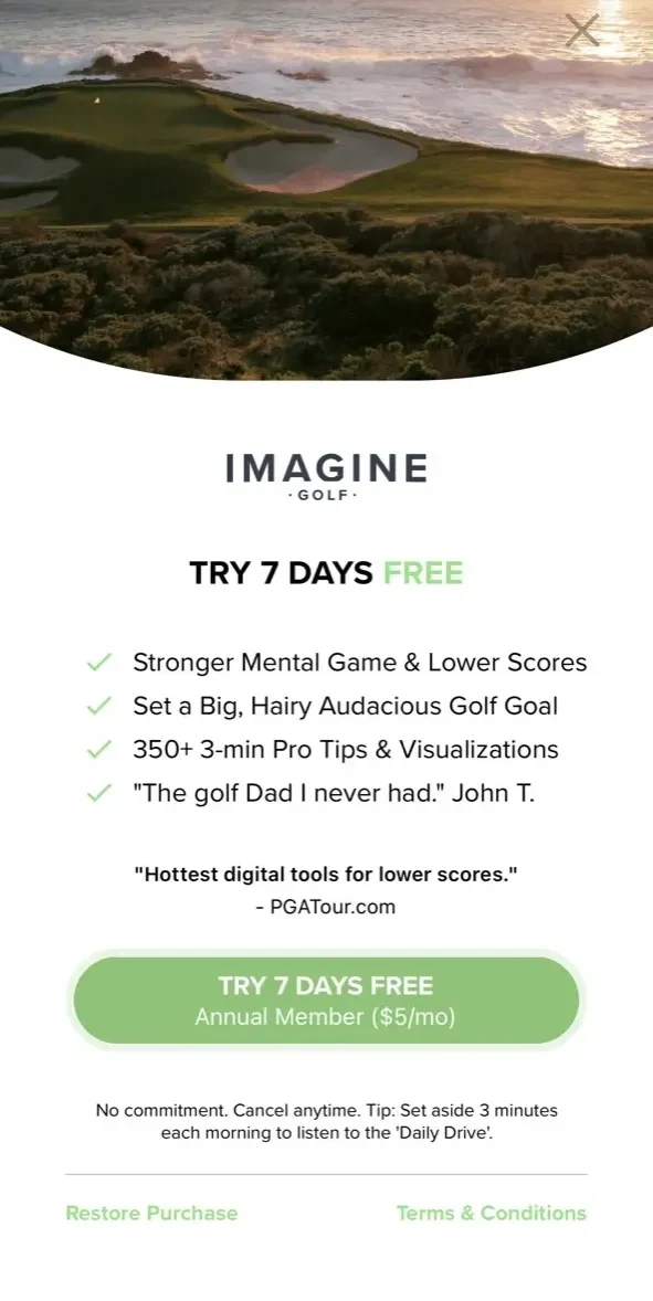Imagine Golf paywall screen