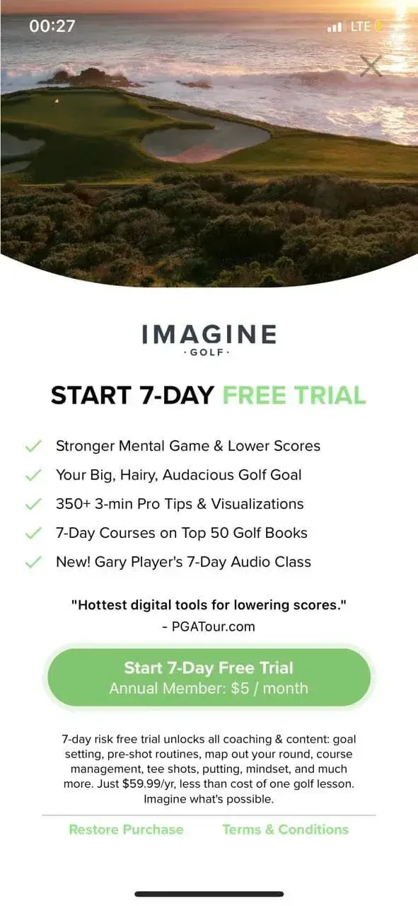 Imagine Golf paywall screen