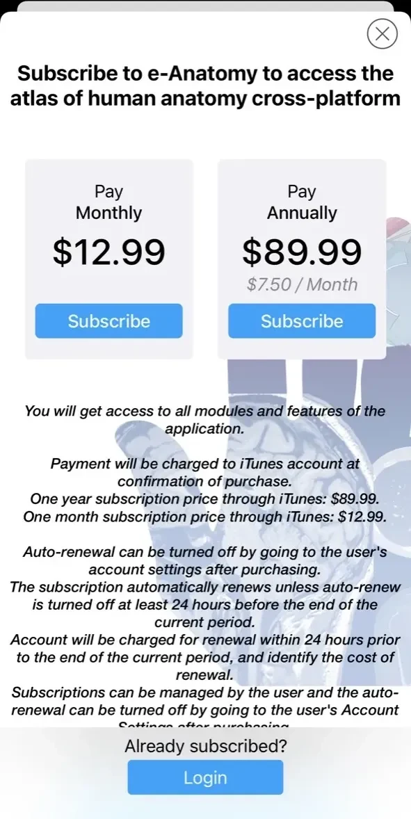 IMAIOS e-Anatomy paywall screen