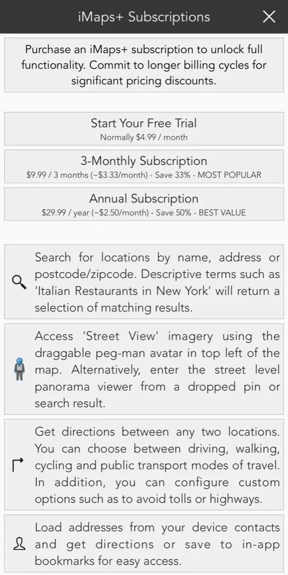 iMaps+ paywall screen