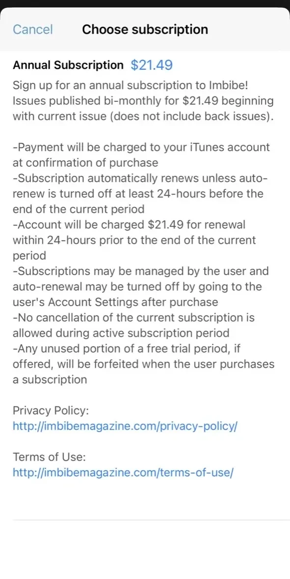 Imbibe Magazine paywall screen