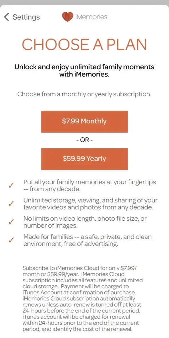 iMemories paywall screen