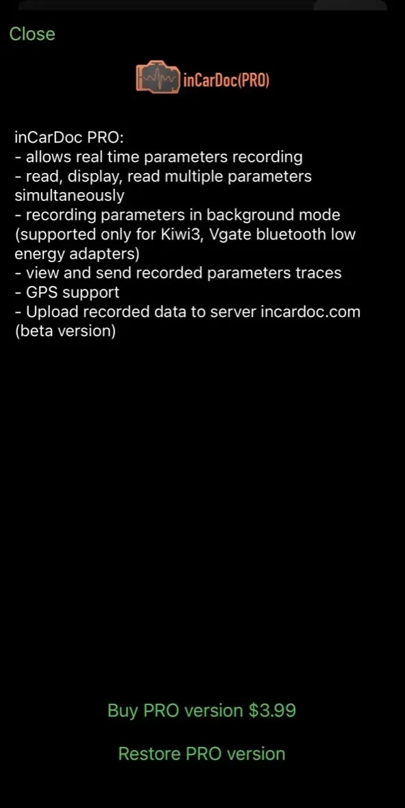 inCarDoc OBD2 ELM327 Scanner paywall screen
