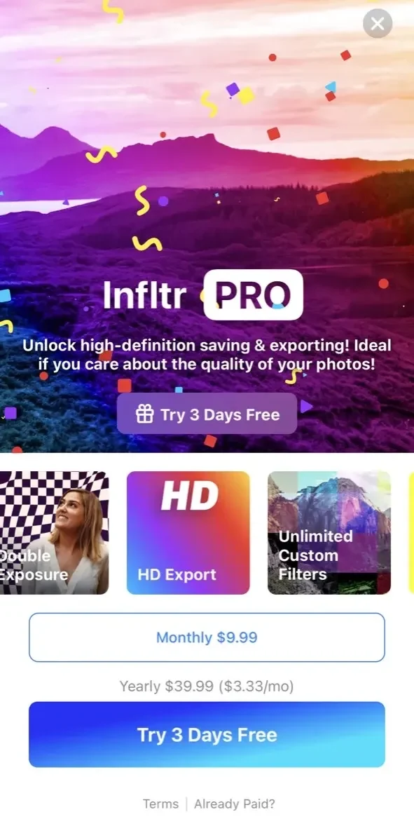 Infltr paywall screen