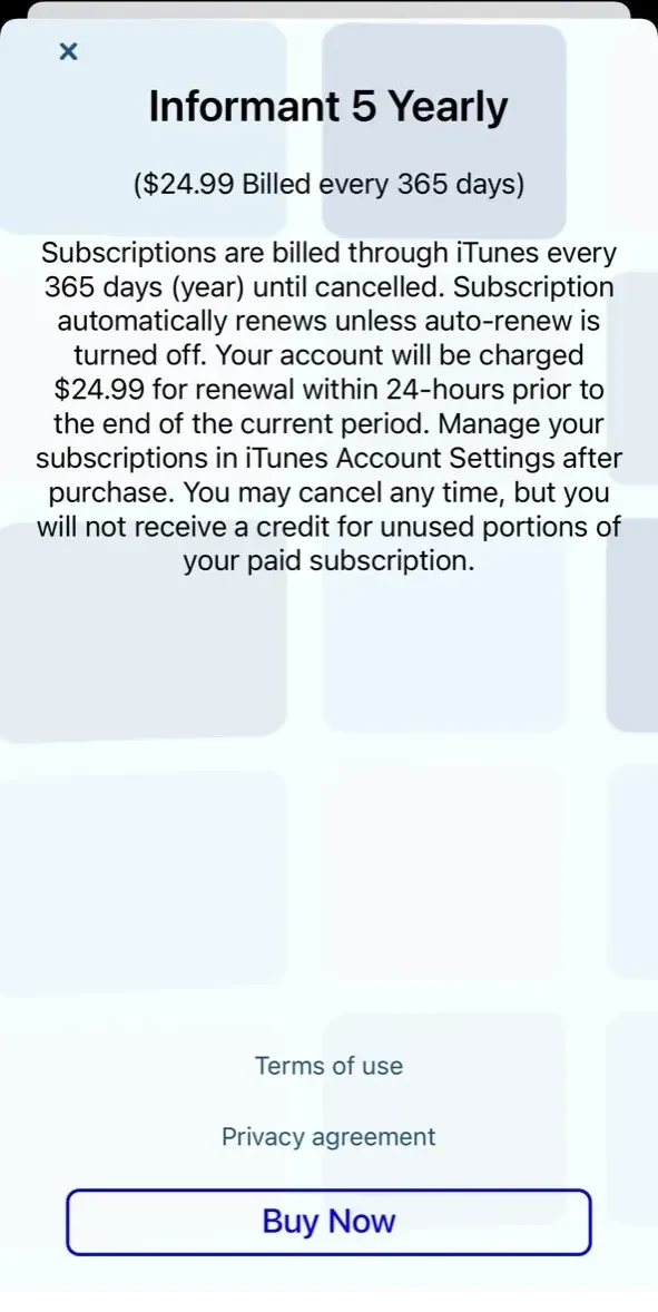 Informant 5 Calendar paywall screen