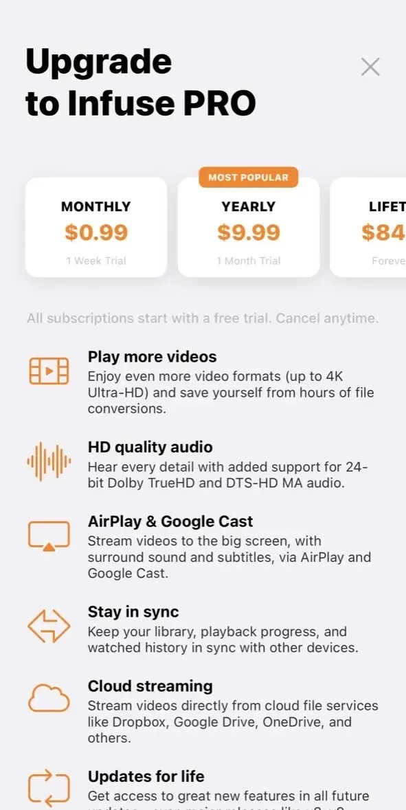 Infuse paywall screen