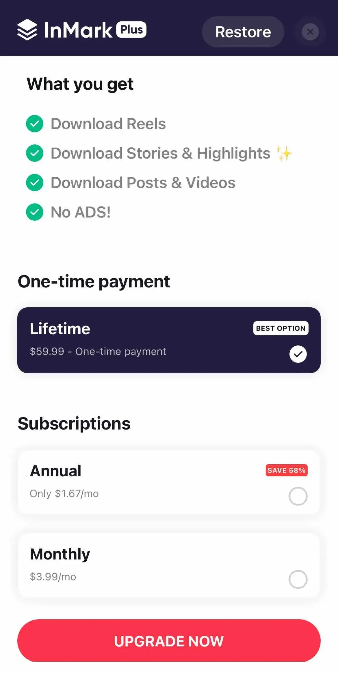 InMark paywall screen
