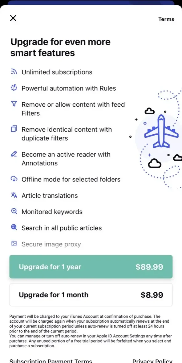 Inoreader paywall screen