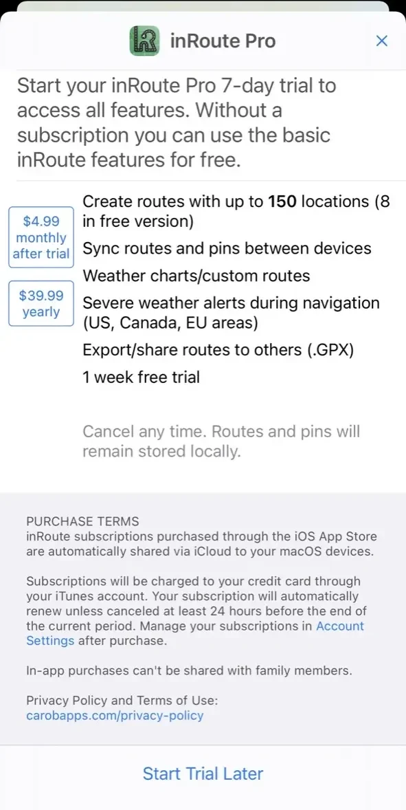 inRoute paywall screen