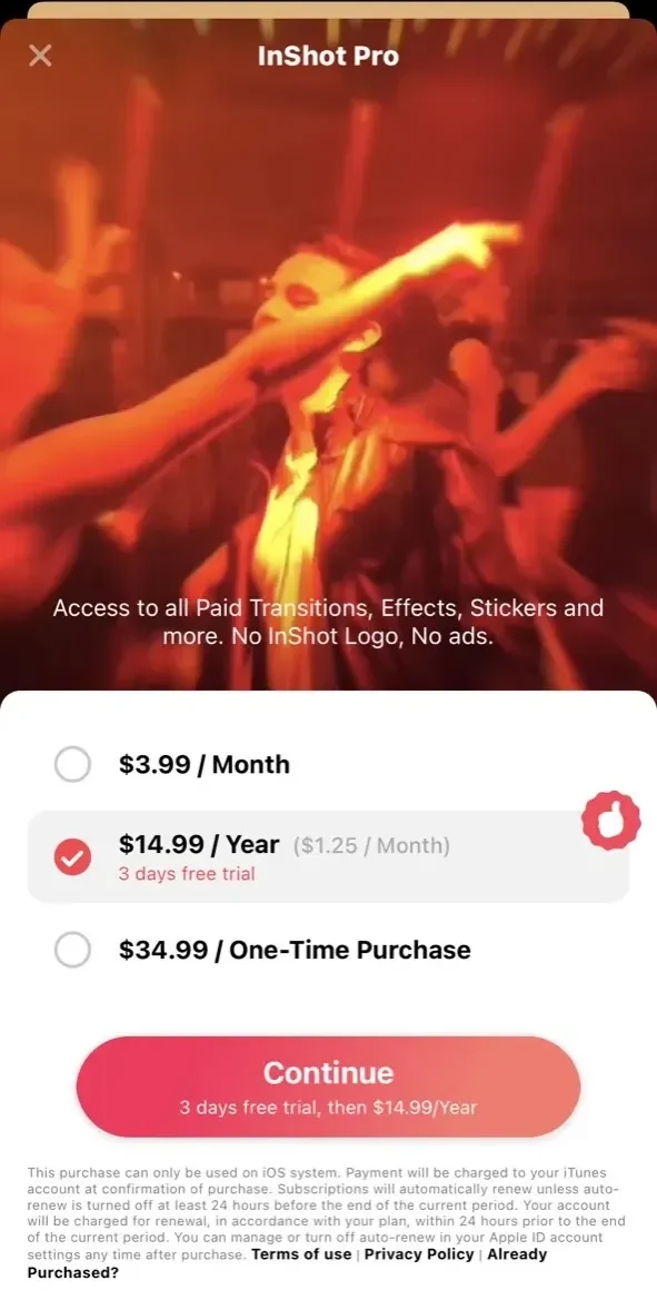 InShot paywall screen