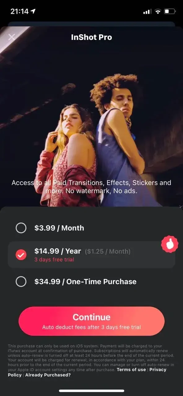 InShot paywall screen
