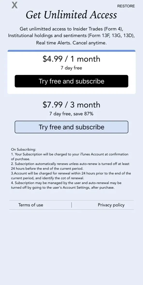 Insider Forms paywall screen