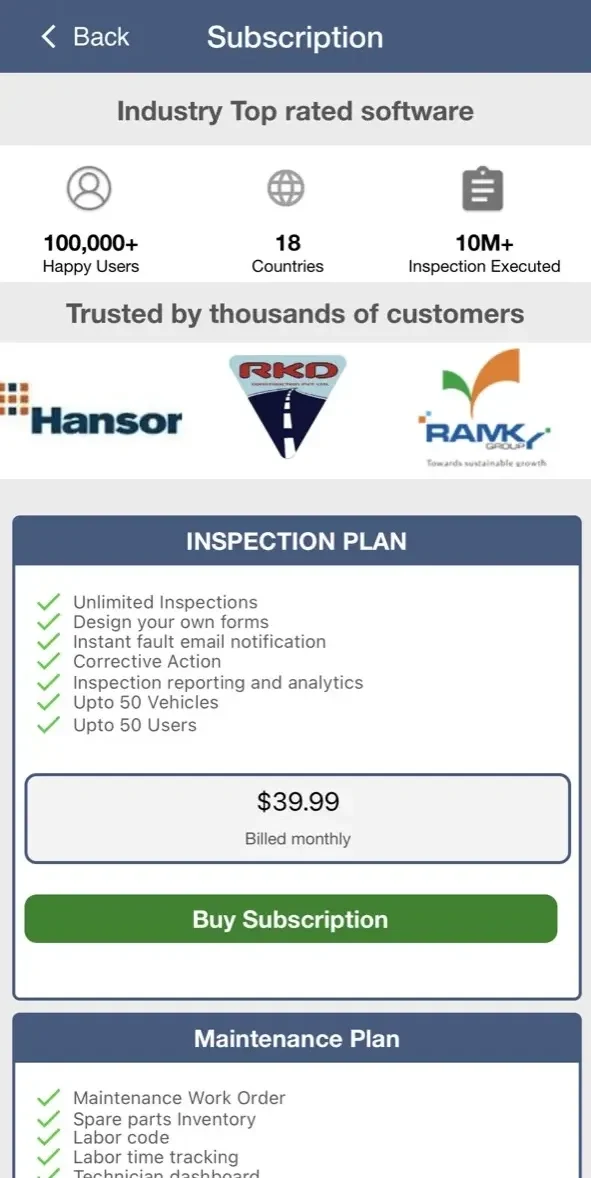 Inspection Maintenance paywall screen