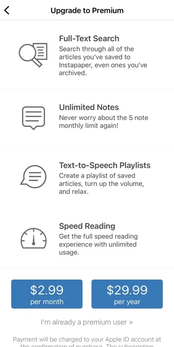 Instapaper paywall screen