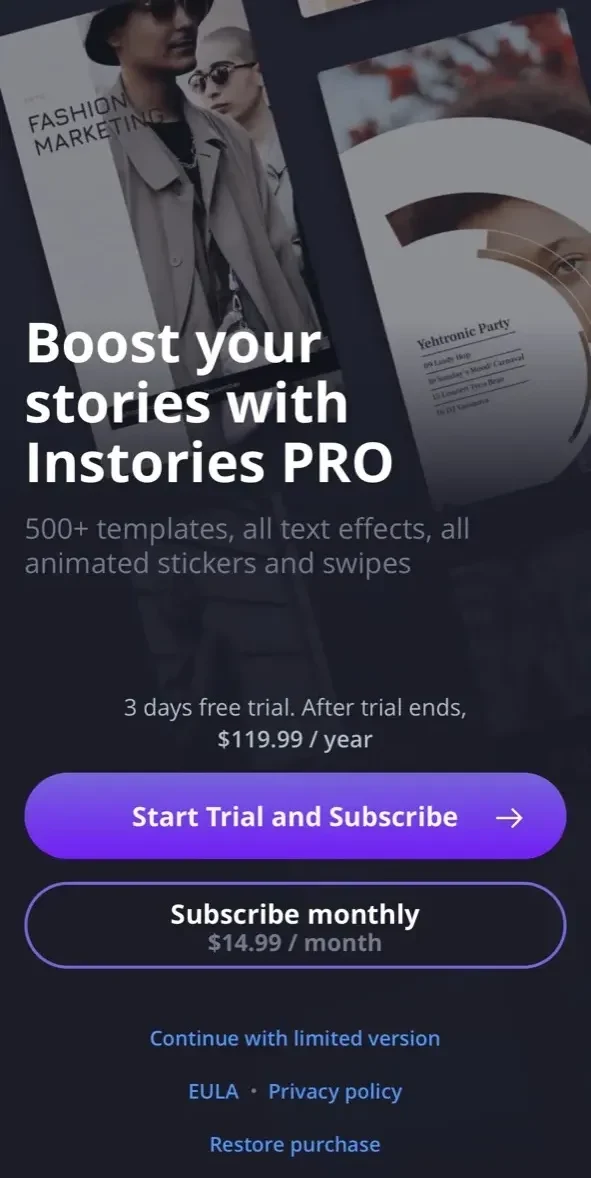 InStories Reels paywall screen