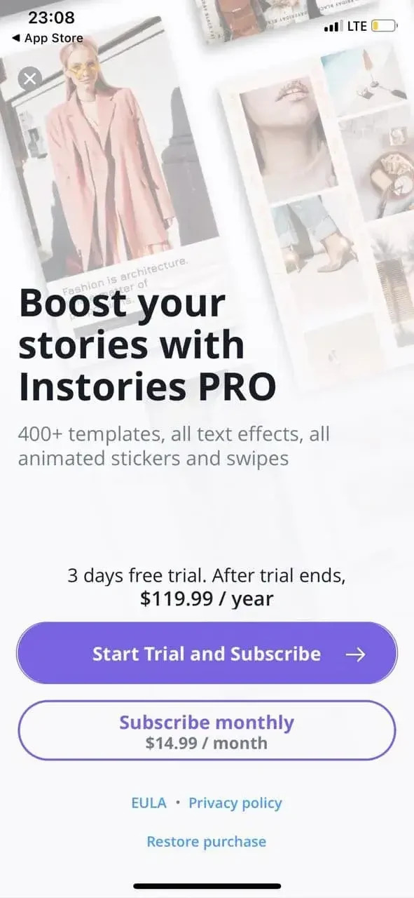 InStories Reels paywall screen