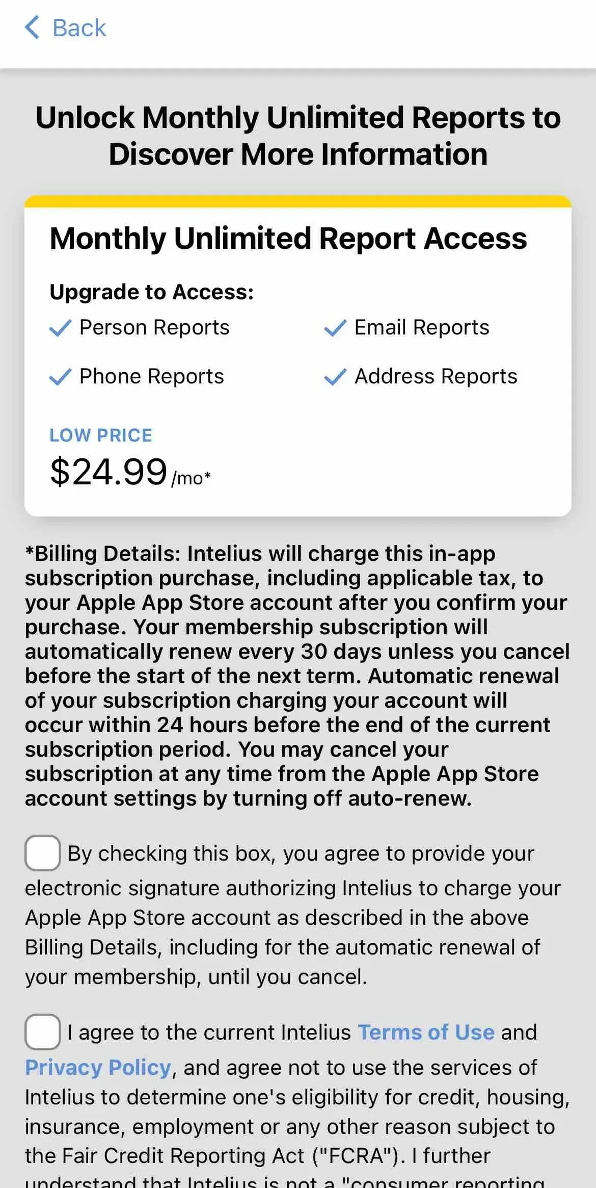 Intelius Search paywall screen