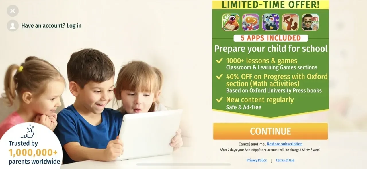 Intellecto Kids Learning Games paywall screen